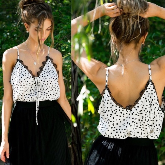 NEW! Polka Dot Scalloped Mesh Lace Silk Top - Picture 5 of 7